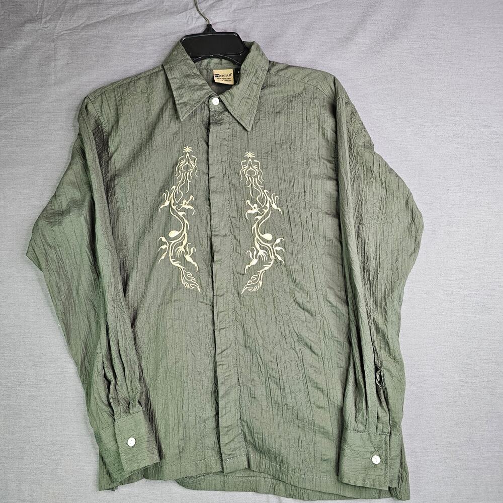 INGEAR Embroidered Dragon Long Sleeve Button-Up Shirt Green w/ Gold Men's Small
